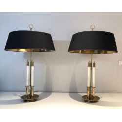 Paire de Lampes en Laiton et Laque Blanche, Style Néoclassique, Travail Français, vers 1940