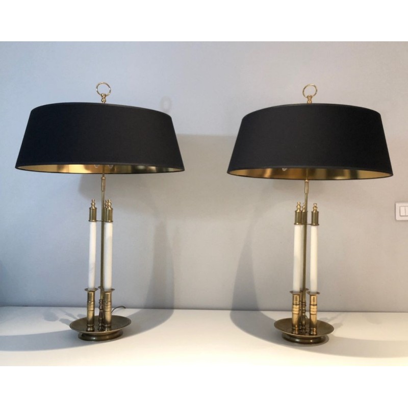 Paire de Lampes en Laiton et Laque Blanche, Style Néoclassique, Travail Français, vers 1940