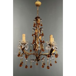 Lustre en Métal Doré à Décor de Feuillage et Gouttes de Ve | Maison Barrois
