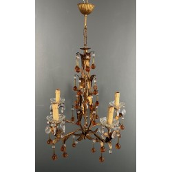 Lustre en Métal Doré à Décor de Feuillage et Gouttes de Ve | Maison Barrois