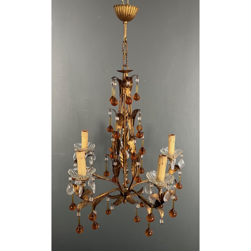 Lustre en Métal Doré à Décor de Feuillage et Gouttes de Ve | Maison Barrois