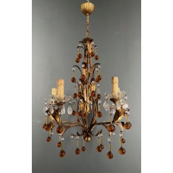 Lustre en Métal Doré à Décor de Feuillage et Gouttes de Ve | Maison Barrois