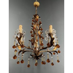 Lustre en Métal Doré à Décor de Feuillage et Gouttes de Ve | Maison Barrois