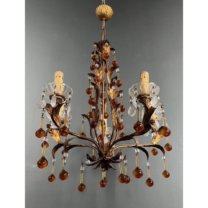 Lustre en Métal Doré à Décor de Feuillage et Gouttes de Ve | Maison Barrois
