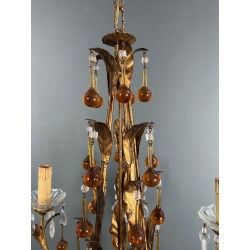 Lustre en Métal Doré à Décor de Feuillage et Gouttes de Ve | Maison Barrois