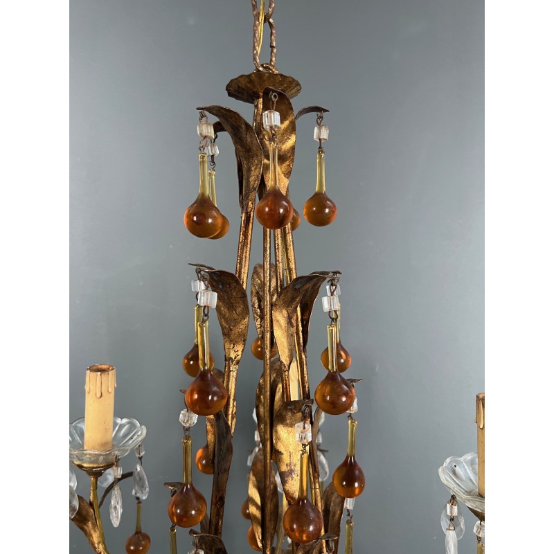 Lustre en Métal Doré à Décor de Feuillage et Gouttes de Ve | Maison Barrois
