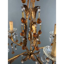Lustre en Métal Doré à Décor de Feuillage et Gouttes de Ve | Maison Barrois