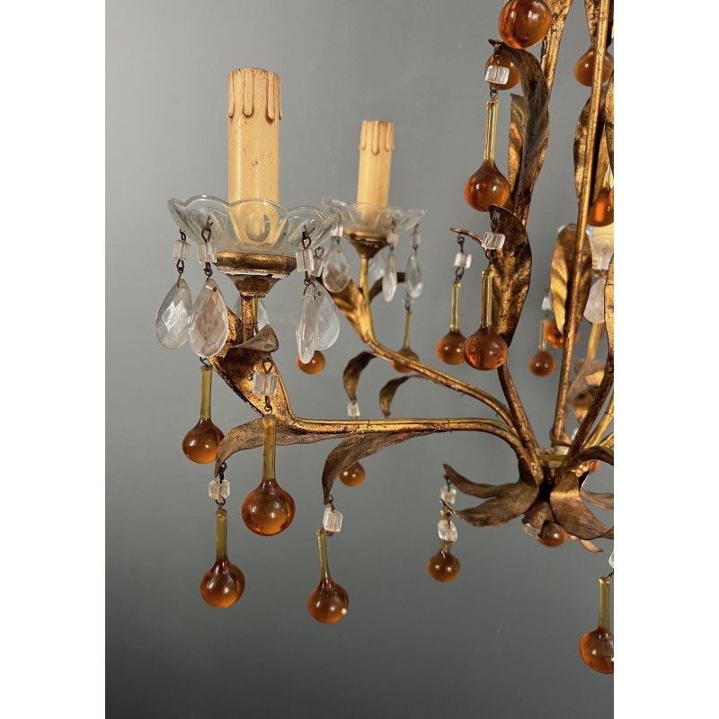 Lustre en Métal Doré à Décor de Feuillage et Gouttes de Ve | Maison Barrois