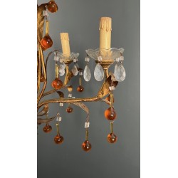 Lustre en Métal Doré à Décor de Feuillage et Gouttes de Ve | Maison Barrois