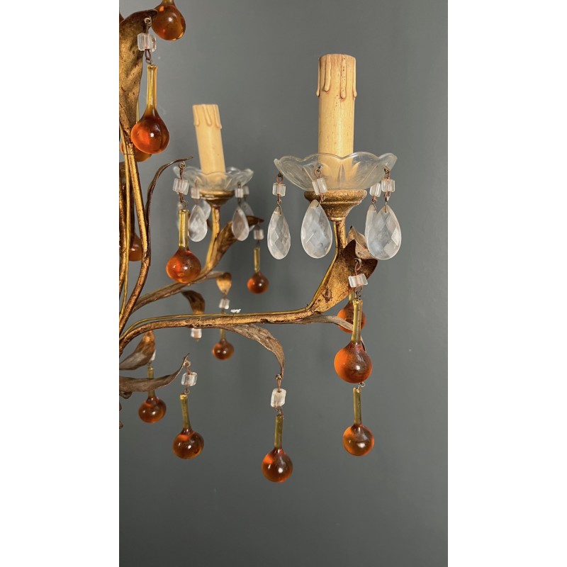 Lustre en Métal Doré à Décor de Feuillage et Gouttes de Ve | Maison Barrois