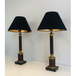 Paire de Lampes Néoclassiques en Métal Faux-Bois et Laiton, Travail Français, vers 1940