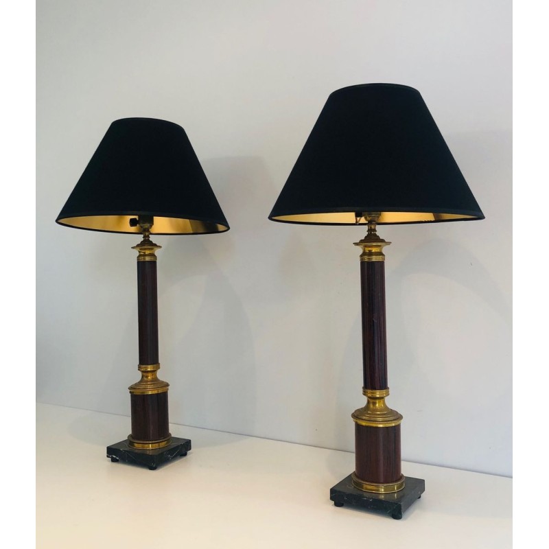 Paire de Lampes Néoclassiques en Métal Faux-Bois et Laiton, Travail Français, vers 1940