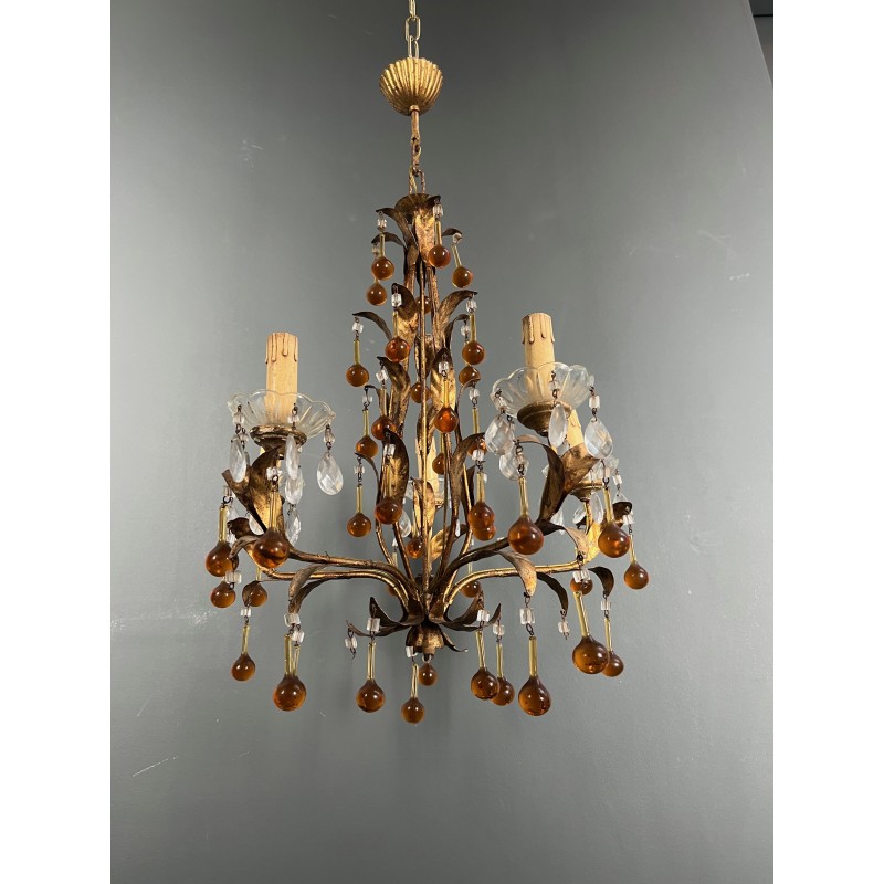 Lustre en Métal Doré à Décor de Feuillage et Gouttes de Ve | Maison Barrois