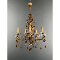 Lustre en Métal Doré à Décor de Feuillage et Gouttes de Ve | Maison Barrois