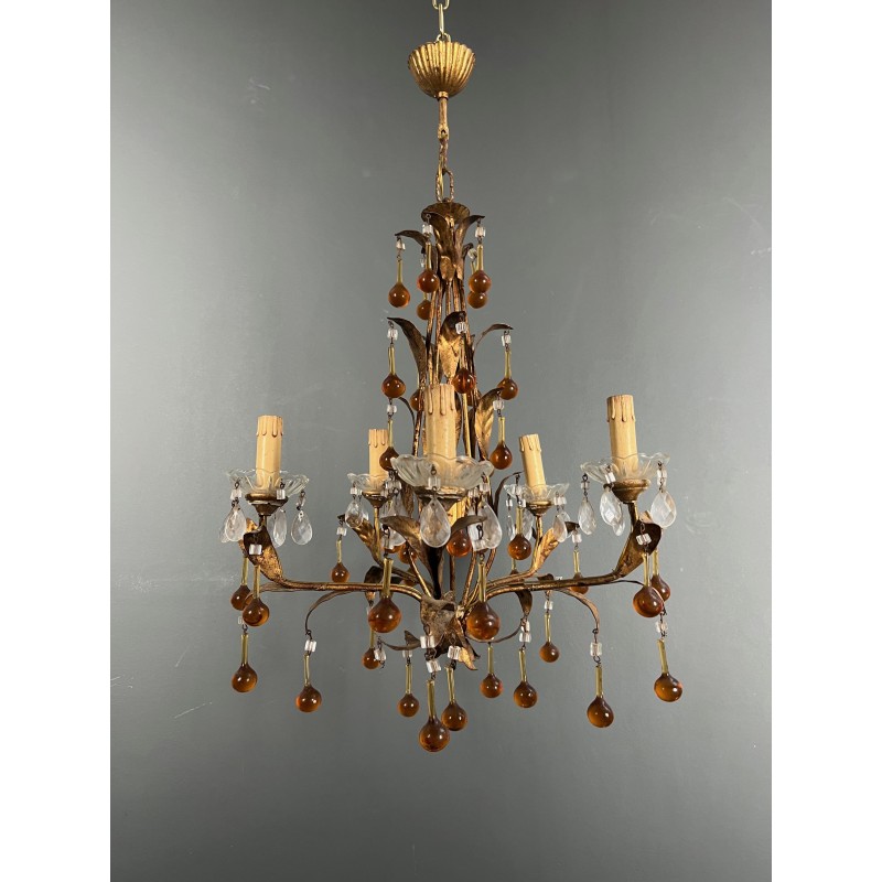 Lustre en Métal Doré à Décor de Feuillage et Gouttes de Ve | Maison Barrois