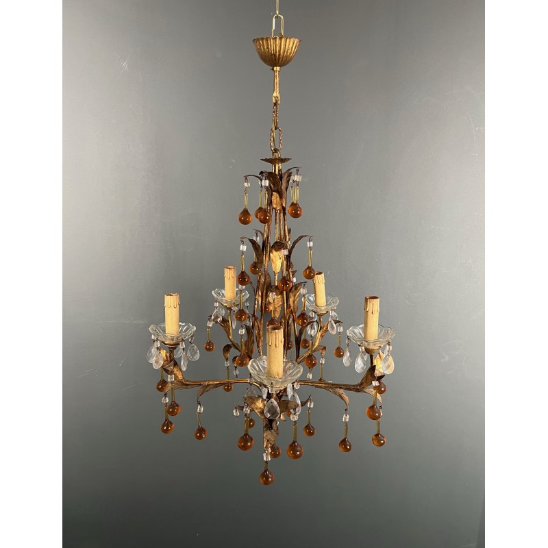 Lustre en Métal Doré à Décor de Feuillage et Gouttes de Ve | Maison Barrois