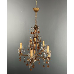 Lustre en Métal Doré à Décor de Feuillage et Gouttes de Ve | Maison Barrois