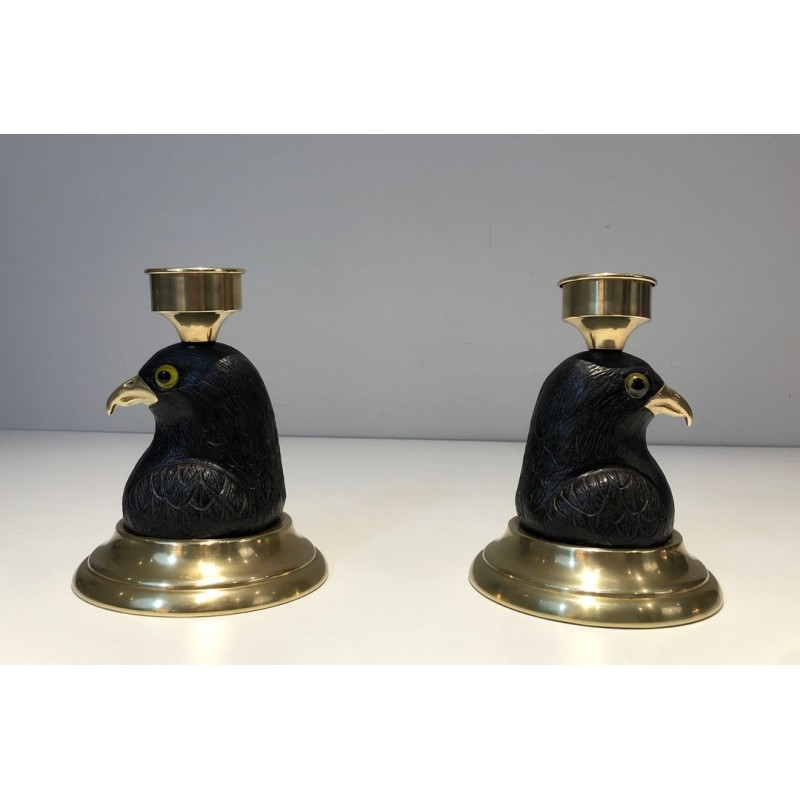 Pair of Carved Wood Eagle Candlesticks, Brass & Glass, Stamped Houy Pouiga, circa 1970