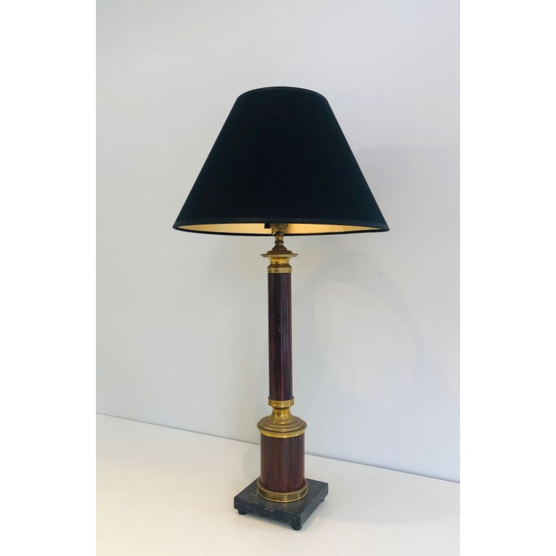 Pair of Neoclassical Faux-Bois Metal and Brass Table Lamps, French, circa 1940