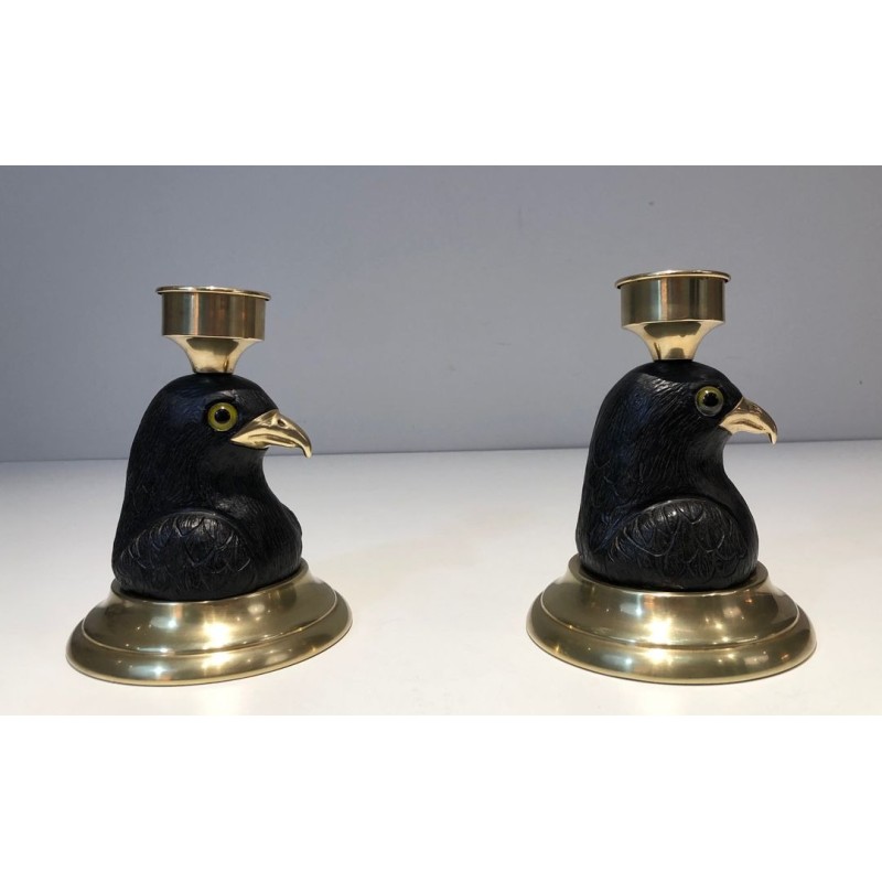 Pair of Carved Wood Eagle Candlesticks, Brass & Glass, Stamped Houy Pouiga, circa 1970
