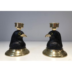 Pair of Carved Wood Eagle Candlesticks, Brass & Glass, Stamped Houy Pouiga, circa 1970