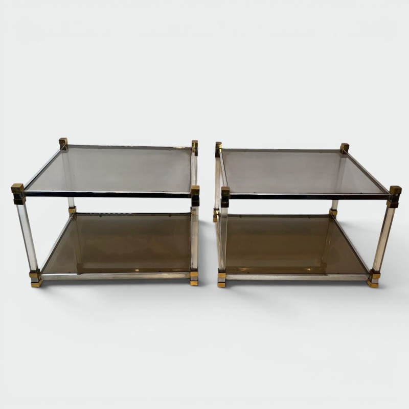 Pair of Side Tables in Lucite and Brass with Two Smoked Gl | Maison Barrois