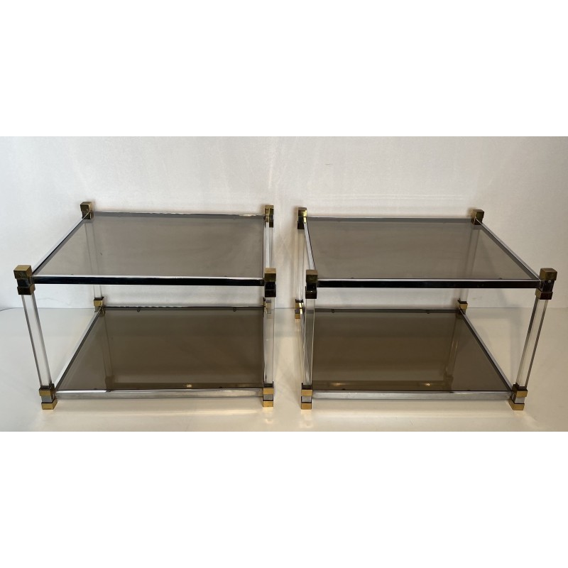 Pair of Side Tables in Lucite and Brass with Two Smoked Gl | Maison Barrois