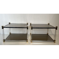 Pair of Side Tables in Lucite and Brass with Two Smoked Gl | Maison Barrois