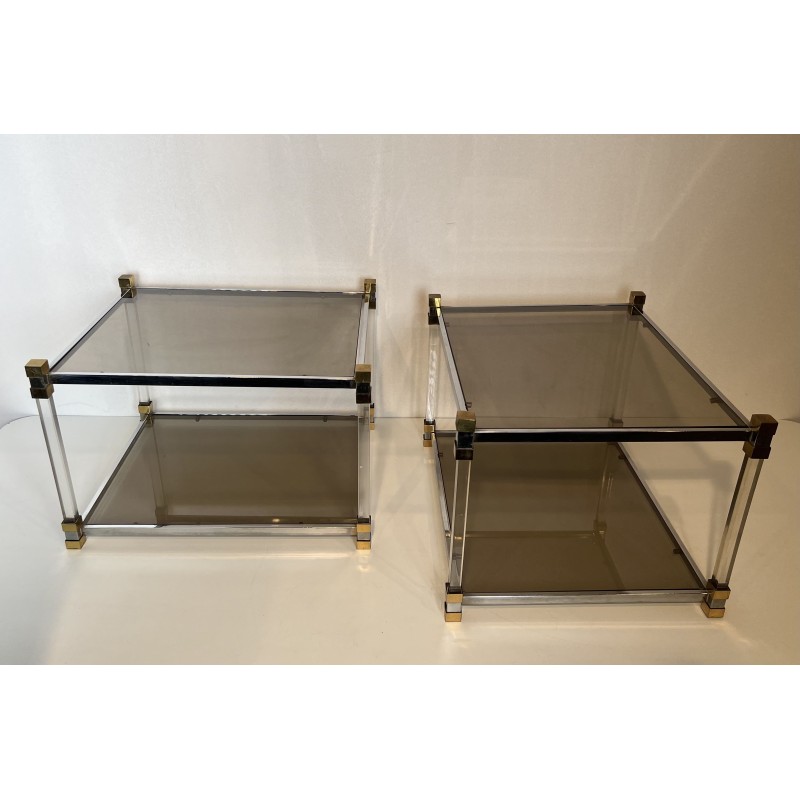 Pair of Side Tables in Lucite and Brass with Two Smoked Gl | Maison Barrois
