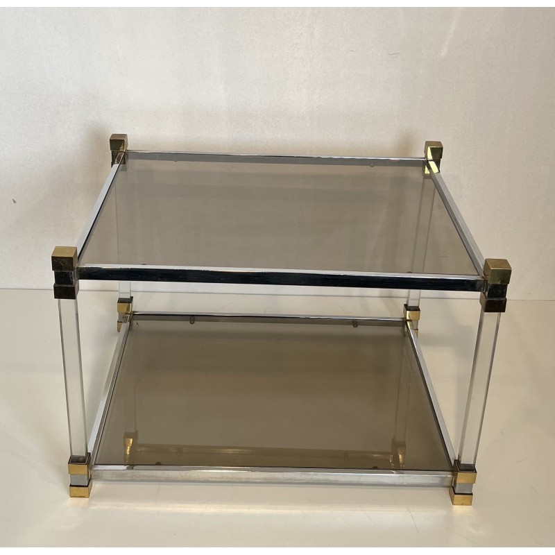 Pair of Side Tables in Lucite and Brass with Two Smoked Gl | Maison Barrois