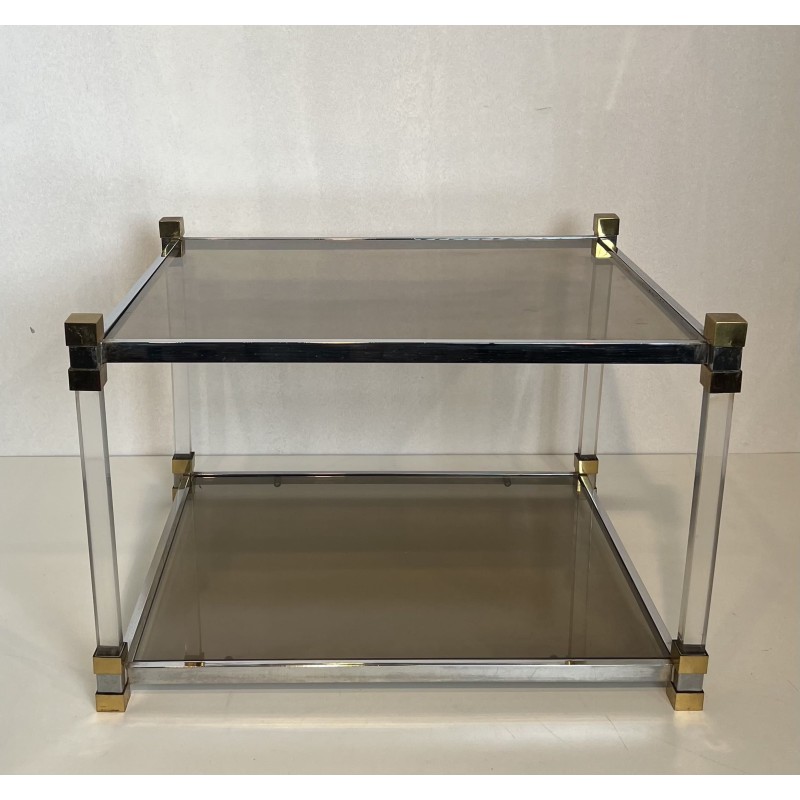 Pair of Side Tables in Lucite and Brass with Two Smoked Gl | Maison Barrois