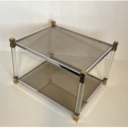 Pair of Side Tables in Lucite and Brass with Two Smoked Gl | Maison Barrois
