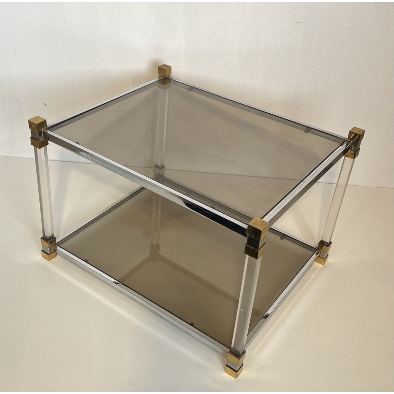 Pair of Side Tables in Lucite and Brass with Two Smoked Gl | Maison Barrois