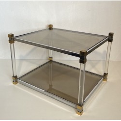 Pair of Side Tables in Lucite and Brass with Two Smoked Gl | Maison Barrois