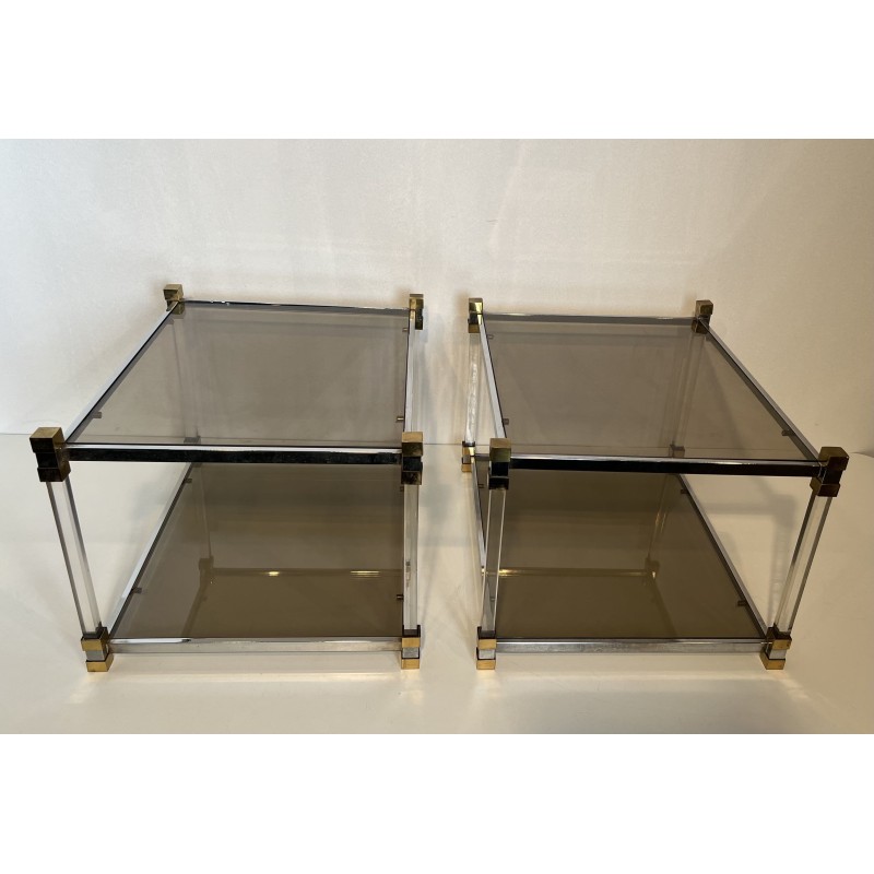 Pair of Side Tables in Lucite and Brass with Two Smoked Gl | Maison Barrois
