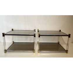 Pair of Side Tables in Lucite and Brass with Two Smoked Gl | Maison Barrois
