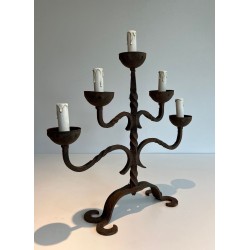 Five-Light Wrought Iron Candelabra, French Work, circa 1950
