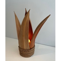 Lampe de Table Palmier et Corde en Rotin, Travail Français, vers 1970
