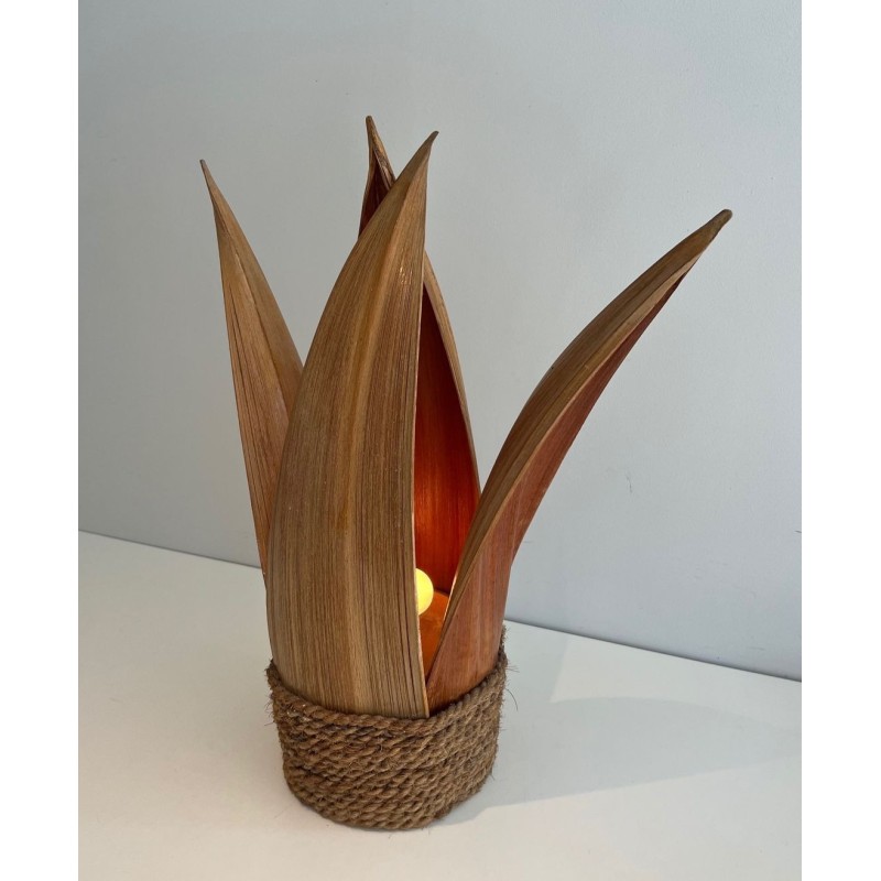 Lampe de Table Palmier et Corde en Rotin, Travail Français, vers 1970