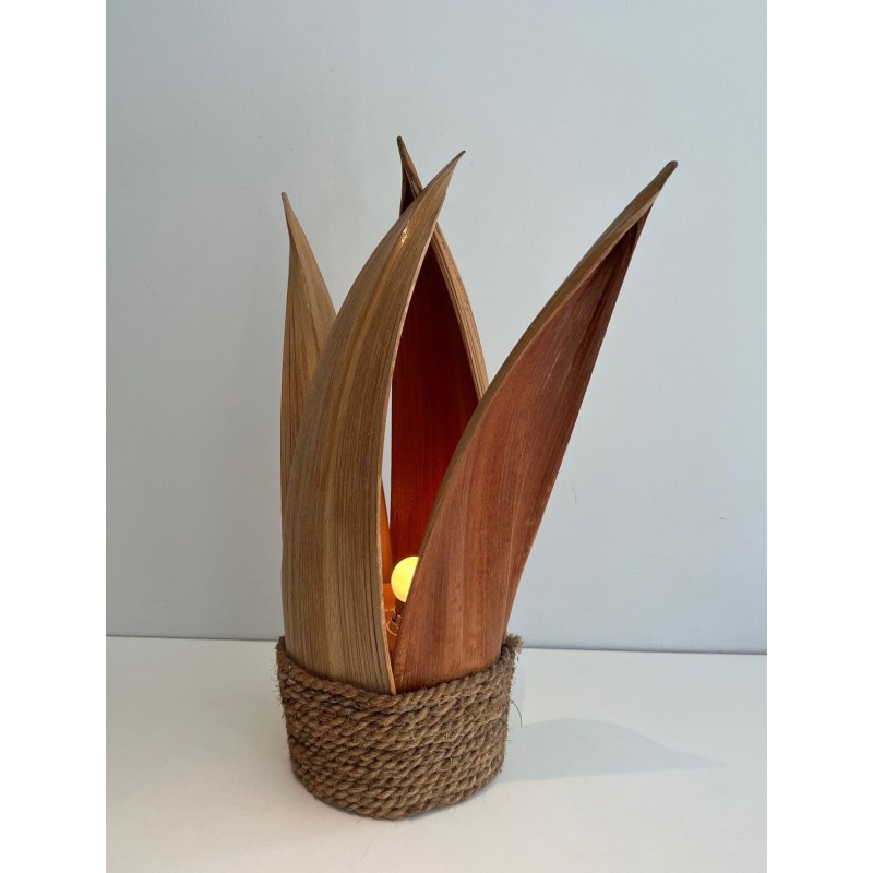 Decorative Palm Tree and Rope Table Lamp in Rattan, French Work, circa 1970
