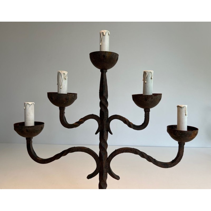 Five-Light Wrought Iron Candelabra, French Work, circa 1950