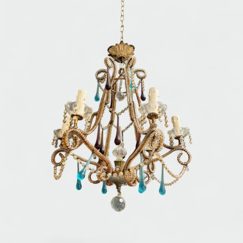 Lustre Cage en Métal Doré et Perles de Verre à Gouttes Ble | Maison Barrois