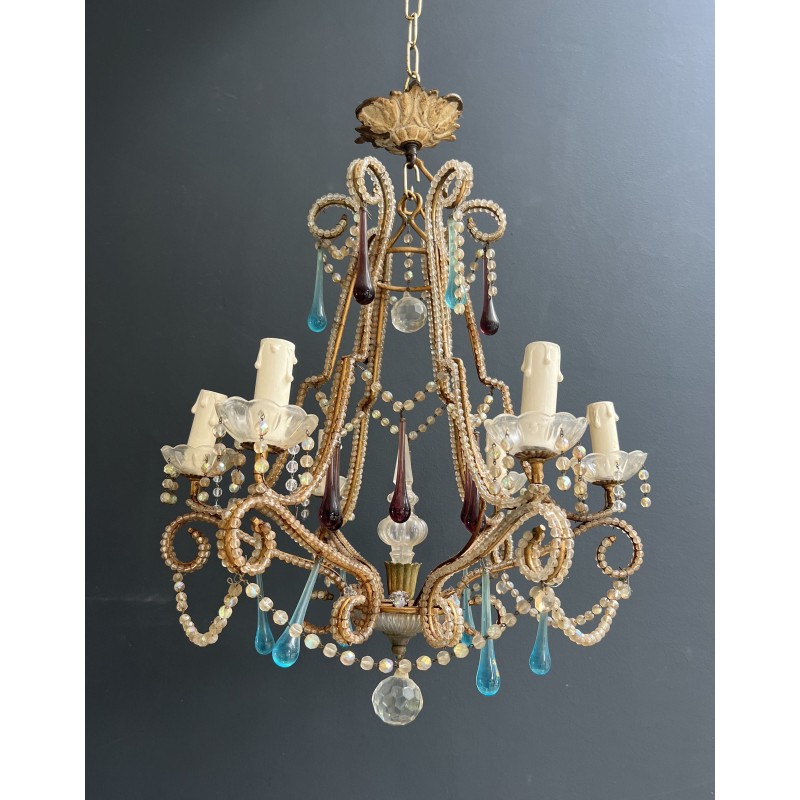 Lustre Cage en Métal Doré et Perles de Verre à Gouttes Ble | Maison Barrois