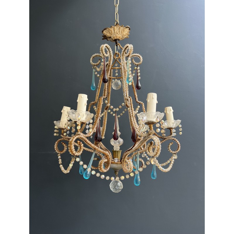 Lustre Cage en Métal Doré et Perles de Verre à Gouttes Ble | Maison Barrois