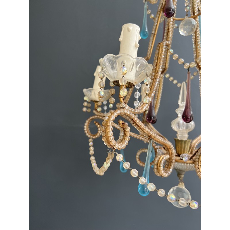 Lustre Cage en Métal Doré et Perles de Verre à Gouttes Ble | Maison Barrois