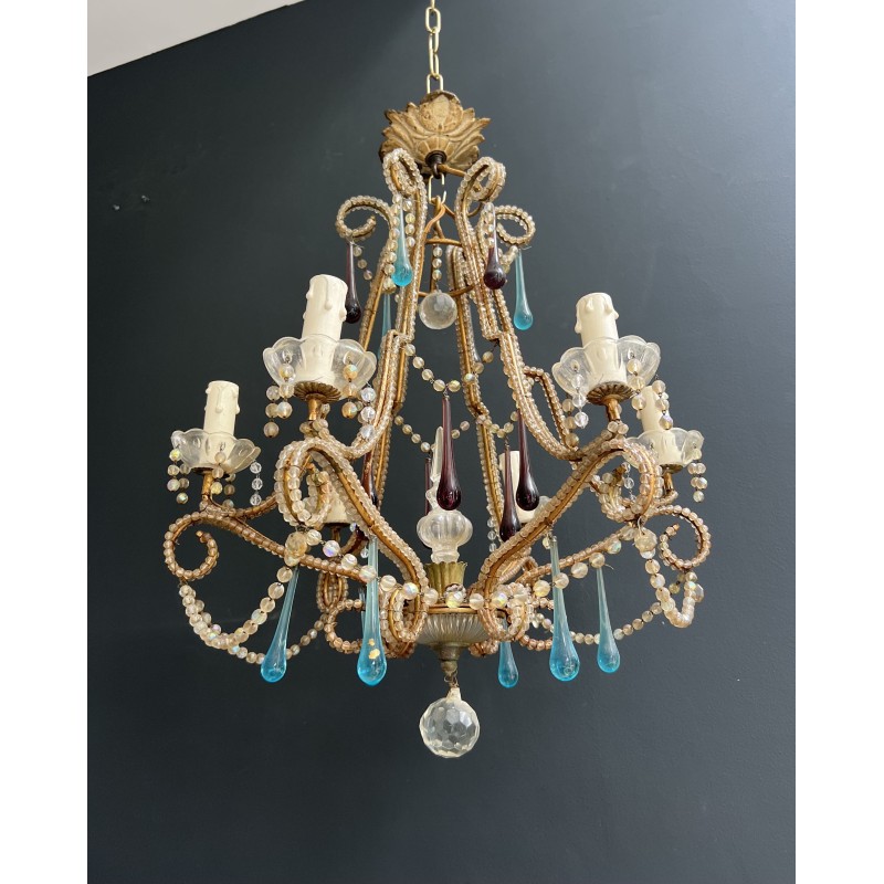 Lustre Cage en Métal Doré et Perles de Verre à Gouttes Ble | Maison Barrois