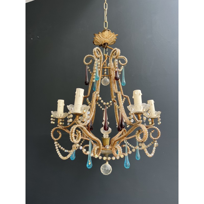 Lustre Cage en Métal Doré et Perles de Verre à Gouttes Ble | Maison Barrois