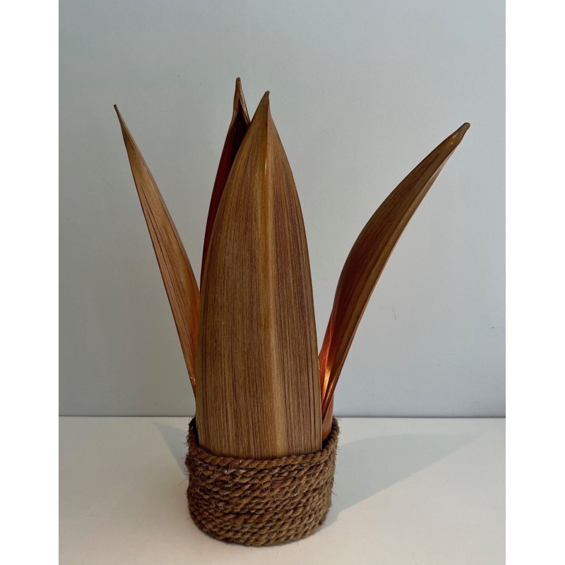 Lampe de Table Palmier et Corde en Rotin, Travail Français, vers 1970