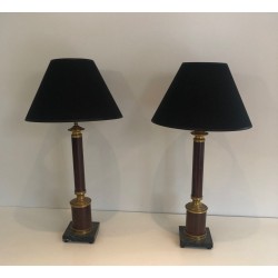 Pair of Neoclassical Faux-Bois Metal and Brass Table Lamps, French, circa 1940