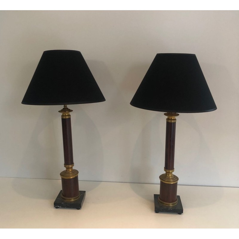 Pair of Neoclassical Faux-Bois Metal and Brass Table Lamps, French, circa 1940